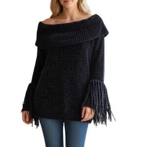 Adore Women's Medium Dark Blue Super Soft Cowl Neck Long Flutter Sleeve Sweater